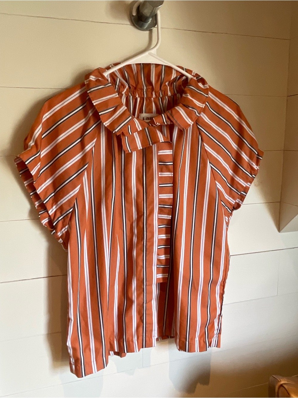 Rust Stripe Tie-Neck Short Sleeve Blouse